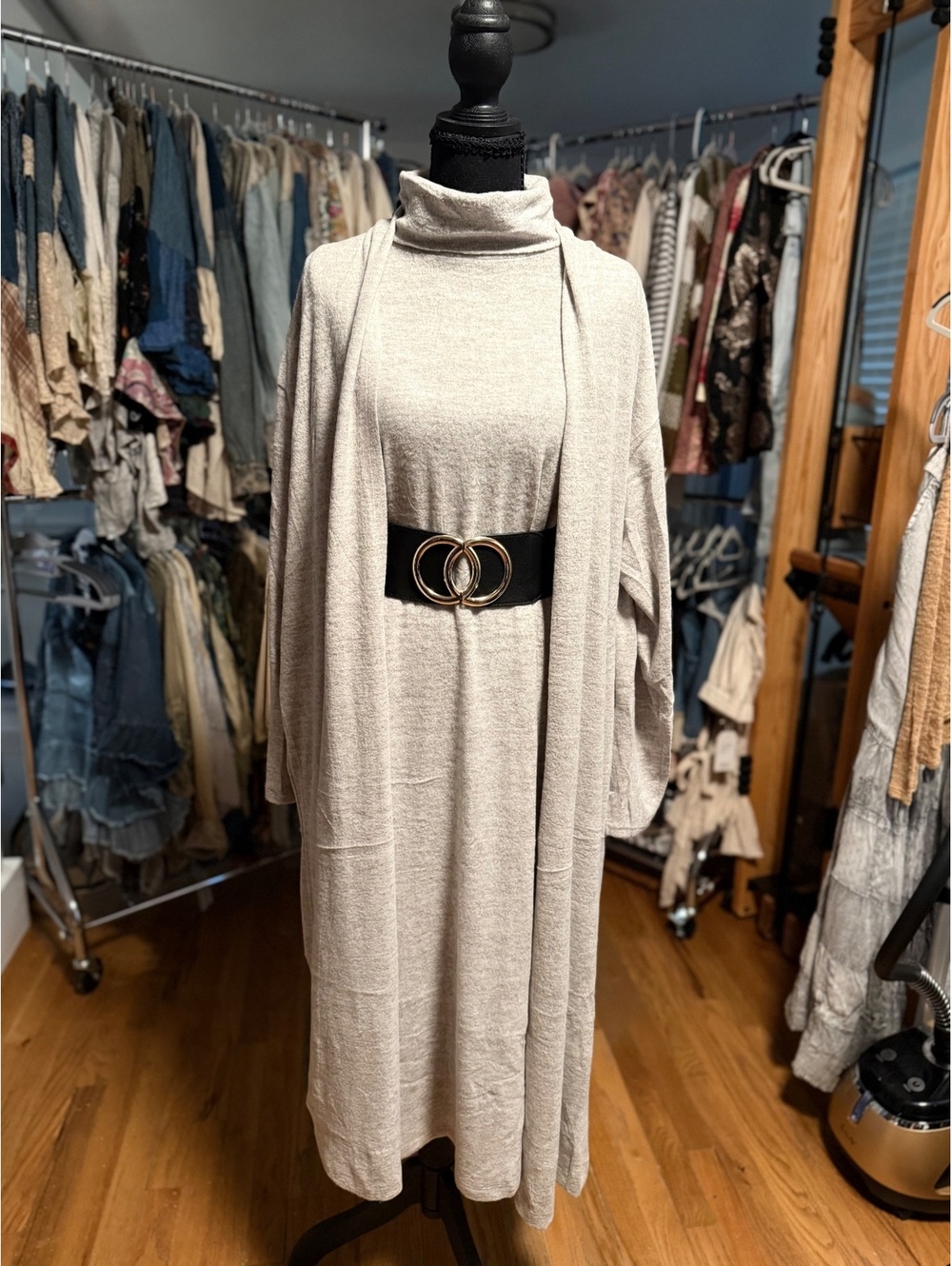 DEAR SCARLETT Glam Set Turtleneck Midi Dress & Cardigan Heather Grey NWT S